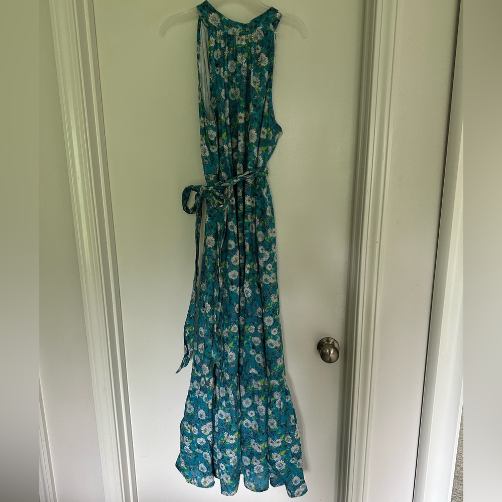 Victoria Dunn Turquiose Floral Tiered Sleeveless Maxi Dress with Belt Size M